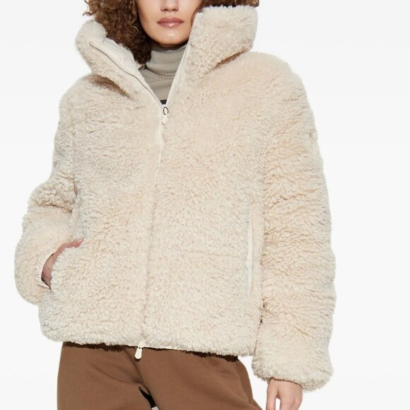 SAVE THE DUCK Kennie High-Neck Faux Fur Puffer Jacket Shore Beige Sz L BRAND NEW